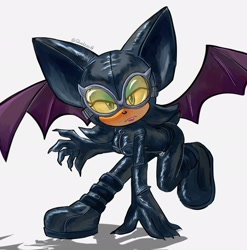 Size: 2027x2048 | Tagged: safe, artist:shadzzu0, rouge the bat, bat, 2026, bodysuit, catwoman, claws, crossover, crossover cosplay, dc comics, female, frown, goggles, hand on ground, looking at viewer, simple background, solo, white background