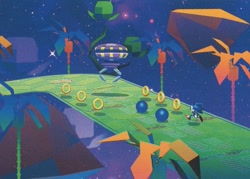 Size: 1277x914 | Tagged: safe, sonic the hedgehog, hedgehog, sonic mania, 2026, abstract background, blue spheres, classic sonic, concept art, floating platform, male, official artwork, palm tree, ring, robot, running, solo, star (sky), tree, ufo