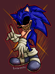 Size: 659x878 | Tagged: safe, artist:mckiem0use, sonic the hedgehog, oc, oc:2011x, oc:sonic.exe, hedgehog, 2026, alternate universe, au:outcome memories, backwards v sign, black sclera, bleeding, bleeding from eyes, blood, blood stain, grey shoes, looking at viewer, male, outline, pointing, sharp teeth, signature, smile, smiling at viewer, solo, standing, v sign, yellow teeth