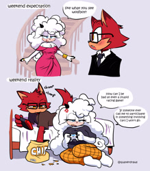 Size: 1400x1600 | Tagged: safe, artist:quaverdraws, chip, gadget the wolf, lanolin the sheep, sheep, wolf, 2025, alternate outfit, angry, bed, blushing, clothes, comic, dialogue, dress, duo, eating, english text, female, food, gadget x lanolin, gaming, glasses, jewelry, male, pants, ring (jewelry), shipping, shirt, snacks, speech bubble, stairs, straight, suit