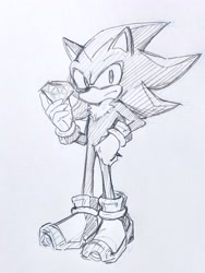 Size: 1536x2048 | Tagged: safe, artist:ntna7xa, shadow the hedgehog, hedgehog, 2025, chaos emerald, chest fluff, frown, grey background, hand on hip, holding something, looking at viewer, male, monochrome, simple background, solo, standing