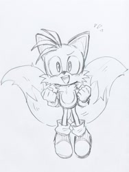 Size: 1536x2048 | Tagged: safe, artist:ntna7xa, miles "tails" prower, fox, 2025, clenched fists, grey background, happy, line art, looking offscreen, male, monochrome, mouth open, simple background, smile, solo, standing