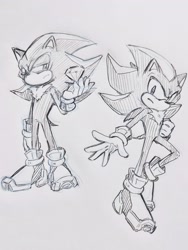 Size: 1536x2048 | Tagged: safe, artist:ntna7xa, shadow the hedgehog, hedgehog, 2025, chaos emerald, clenched fist, duality, frown, grey background, holding something, line art, looking at viewer, looking offscreen, male, mid-air, monochrome, simple background, solo, squinting, standing