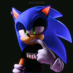 Size: 1436x1439 | Tagged: safe, artist:dokatzo, artist:flyshyva, sonic the hedgehog, hedgehog, 2026, 3d, alternate version, black background, clenched teeth, clothes, ear piercing, earring, emo, emo outfit, emo sonic, eyeshadow, fangs, lidded eyes, looking offscreen, male, shirt, signature, simple background, solo, standing, words on a shirt