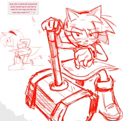 Size: 1018x1007 | Tagged: safe, artist:amyrosedaily, amy rose, hedgehog, 2026, eye clipping through hair, eyebrow clipping through hair, female, holding something, injured, line art, looking at viewer, looking offscreen, monochrome, piko piko hammer, simple background, sketch, solo, white background