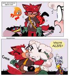 Size: 1800x2000 | Tagged: safe, artist:quaverdraws, gadget the wolf, lanolin the sheep, wisp, lemur, sheep, wolf, 2025, clothes, comic, debris, destroyed robot, dialogue, english text, female, gadget x lanolin, glasses, hugging, male, noticing, quartet, robot, shipping, shirt, speech bubble, straight, tears, tears of happiness, weapon, wispon, wound