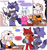 Size: 1500x1600 | Tagged: safe, artist:quaverdraws, gadget the wolf, jewel the beetle, lanolin the sheep, whisper the wolf, beetle, cat, sheep, wolf, 2025, breaking, chair, comic, dialogue, duo, duo the cat, english text, female, flower (symbol), fountain pen, gadget x lanolin, glasses, greeting, group, holding something, insect, male, office work, paper, paperwork, scarf, shipping, shocked, sitting, speech bubble, standing, straight, table, waving, weapon, wispon, working