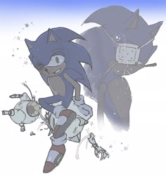 Size: 1932x2048 | Tagged: safe, artist:wgzdi, metal sonic, sonic the hedgehog, 2026, bloodshot eyes, broken, duo, eyepatch, injured, looking at viewer, robot, simple background, sitting, sitting on them, smile, star (symbol), white background