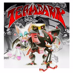 Size: 3040x3029 | Tagged: safe, artist:waaii132299, e-123 omega, rouge the bat, shadow the hedgehog, 2025, border, heart, holding them, robot, smile, standing, team dark, team name, trio