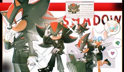 Size: 1843x1079 | Tagged: safe, artist:waaii132299, rouge the bat, shadow the hedgehog, 2025, alternate outfit, chaos emerald, character name, chinese text, duo, fully clothed, glasses, heart, jacket, laptop, looking at them, pants, shadow's logo, sitting, smile, speech bubble, standing, thought bubble