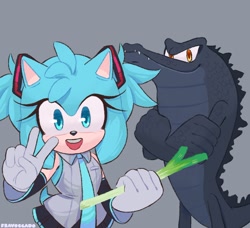 Size: 1480x1349 | Tagged: safe, artist:fravoccado, amy rose, vector the crocodile, cosplay, duo, female, godzilla, grey background, hatsune miku, leek, male, simple background