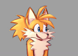 Size: 1189x860 | Tagged: safe, artist:prowerprojects, miles "tails" prower, 2023, aged up, alternate hairstyle, eyelashes, grey background, hair up, looking offscreen, mouth open, nonbinary, nonbinary tails, ponytail, simple background, smile, solo, solo nonbinary