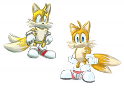 Size: 1600x1200 | Tagged: safe, artist:prowerprojects, miles "tails" prower, sonic adventure, 2023, eyelashes, hands on hips, jet anklet, nonbinary, nonbinary tails, simple background, solo, solo nonbinary, standing, white background
