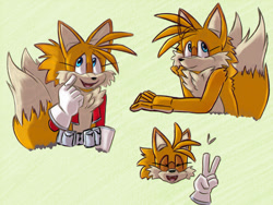 Size: 1600x1200 | Tagged: safe, artist:prowerprojects, miles "tails" prower, 2023, aged up, belt, eyelashes, fur markings, grey background, jacket, nonbinary, nonbinary tails, simple background, smile, solo, solo nonbinary, v sign