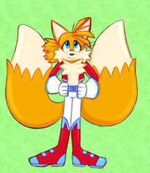 Size: 1635x1875 | Tagged: safe, artist:prowerprojects, miles "tails" prower, 2023, aged up, boots, eyelashes, fur markings, green background, jacket, nonbinary, nonbinary tails, pants, ponytail, simple background, smile, solo, solo nonbinary