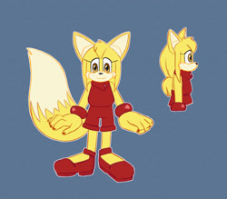 Size: 2000x1749 | Tagged: safe, artist:prowerprojects, zooey the fox, 2023, alternate eye color, alternate universe, au:sunflower, blue background, bodysuit, brown eyes, cheek fluff, eyelashes, female, mary-janes, outline, painted fingernails, redesign, shoes, simple background, smile, solo, solo female