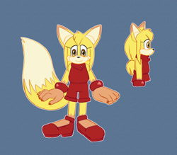 Size: 2000x1749 | Tagged: safe, artist:prowerprojects, zooey the fox, 2023, alternate eye color, alternate universe, alternate version, au:sunflower, blue background, bodysuit, brown eyes, cheek fluff, eyelashes, female, fur markings, mary-janes, outline, painted fingernails, redesign, shoes, simple background, smile, solo, solo female