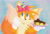 Size: 2048x1402 | Tagged: safe, artist:prowerprojects, miles "tails" prower, fox, 2023, birthday, birthday hat, bow, cake, clenched fist, food, gradient background, hair bow, holding something, looking at viewer, outline, party hat, plate, smile, smiling at viewer, solo, standing