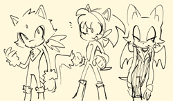 Size: 1130x662 | Tagged: safe, artist:shadilver4ever, amy rose, blaze the cat, rouge the bat, 2025, alternate hairstyle, alternate outfit, eye clipping through hair, gender swap, grey background, lidded eyes, line art, looking offscreen, male, monochrome, mouth open, simple background, sketch, smile, standing, trio