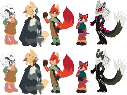 Size: 2048x1535 | Tagged: safe, artist:edwardnebula, barry the quokka, gadget the wolf, infinite the jackal, lanolin the sheep, whisper the wolf, 2024, alternate universe, duality, female, flat colors, freckles, fur markings, group, heterochromia, horns, male, nonbinary, nonbinary barry, outline, phantom ruby, redesign, simple background, standing, transparent background