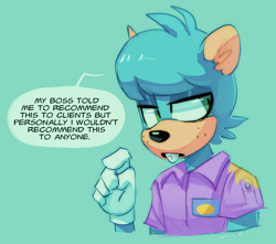 Size: 1784x1578 | Tagged: safe, artist:br4in-r0tten, dave the intern, 2025, braces, buck teeth, bust, dialogue, ear fluff, english text, freckles, lidded eyes, looking back, looking offscreen, male, pointing, simple background, solo, talking, turquoise background