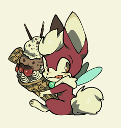 Size: 558x585 | Tagged: safe, artist:shadilver4ever, chip, 2025, blushing, chipabetes, cute, food, grey background, holding something, ice cream, looking back, neck fluff, paws, simple background, sitting, solo, tongue out