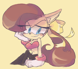 Size: 1254x1119 | Tagged: safe, artist:entertheflorpus, tiara boobowski, 2019, blushing, eye clipping through hair, eyelashes, female, head rest, looking down, simple background, sitting, smile, solo, yellow background