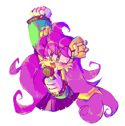 Size: 1454x1462 | Tagged: safe, artist:entertheflorpus, mina mongoose, 2019, blushing, clenched fist, cute, eye clipping through hair, eyelashes, female, hand up, holding something, microphone, minabetes, mouth open, open smile, simple background, singing, smile, solo, white background