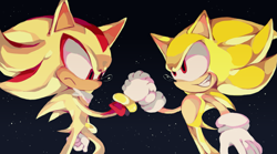 Size: 1799x1001 | Tagged: safe, artist:entertheflorpus, shadow the hedgehog, sonic the hedgehog, super shadow, super sonic, sonic adventure 2, 2017, duo, frown, holding hands, looking at each other, male, redraw, smile, space, star (sky), super form