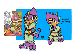 Size: 1430x972 | Tagged: safe, artist:thatguythrt, 2023, bride of constant vigil, chameleon, dialogue, english text, eyelashes, female, flat colors, frown, looking at viewer, looking offscreen, reference inset, signature, solo, talking, talking to viewer, text