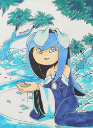 Size: 1572x2160 | Tagged: safe, artist:cheroy, galaxina the seedrian, seedrian, alternate outfit, dress, female, kneeling, purple eyes, river, tree, watercolor