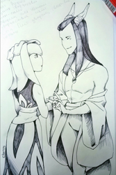 Size: 817x1224 | Tagged: safe, artist:cheroy, galaxina the seedrian, seedrian, alternate outfit, black narcissus, female, greyscale, male, nerathiel