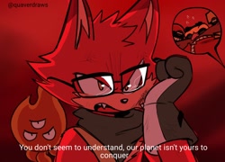 Size: 2048x1478 | Tagged: safe, artist:quaverdraws, cubot, orbot, robotnik, wisp, human, wolf, 2025, dialogue, duo focus, english text, fighting, glasses, gloves, group, male, robot, scarf, solo focus, wound