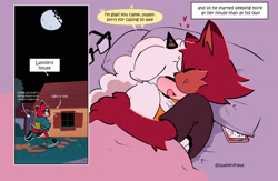 Size: 2000x1300 | Tagged: safe, artist:quaverdraws, gadget the wolf, lanolin the sheep, sheep, wolf, 2025, alternate outfit, bag, bed, bedroom, blanket, carrying something, clothes, comic, dialogue, duo, english text, female, gadget x lanolin, glasses, heart, hoodie, house, lying down, male, moon, nighttime, pants, phone, pillow, running, shipping, shirt, sleeping, speech bubble, straight