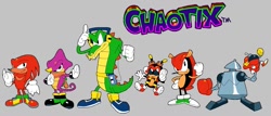 Size: 1179x505 | Tagged: safe, artist:rblxrat, bomb the robot, charmy bee, espio the chameleon, heavy the robot, knuckles the echidna, mighty the armadillo, vector the crocodile, knuckles chaotix, 2025, classic charmy, classic espio, classic knuckles, classic vector, fist, green shoes, grey background, group, male, males only, needs more jpeg, robot, simple background, standing, team chaotix, text
