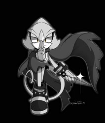 Size: 1707x2000 | Tagged: safe, artist:dianilapin, espio the chameleon, 2025, black background, blade, front view, frown, greyscale, holding something, kunai knife, lidded eyes, looking at viewer, male, monochrome, outline, posing, scarf, shine, signature, simple background, solo, spot color, standing, weapon