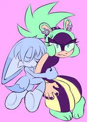 Size: 1456x2048 | Tagged: safe, artist:bobbutterbutt, kit the fennec, surge the tenrec, 2026, barefoot, duo, eyes closed, frown, hugging, hugging from behind, one fang, pink background, shoes off, simple background, solo, sweatdrop