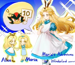 Size: 1752x1504 | Tagged: safe, artist:waaii132299, maria robotnik, shadow the hedgehog, human, 2025, alice in wonderland, blushing, character name, cosplay, dress, english text, holding hands, holding something, looking at them, simple background, standing, trio