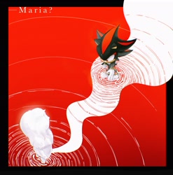 Size: 1886x1907 | Tagged: safe, artist:waaii132299, maria robotnik, shadow the hedgehog, human, 2025, border, character name, duo, from above, looking at each other, looking at them, monochrome, standing