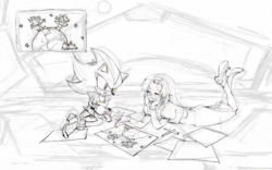 Size: 1152x720 | Tagged: safe, artist:waaii132299, maria robotnik, shadow the hedgehog, human, 2025, animated, chromatic aberration, drawing, duo, globe, holding something, indoors, lying down, space, space colony ark, speedpaint, webm