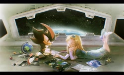 Size: 2048x1246 | Tagged: safe, artist:waaii132299, maria robotnik, shadow the hedgehog, human, 2025, chromatic aberration, drawing, duo, globe, holding something, indoors, lying down, space, space colony ark