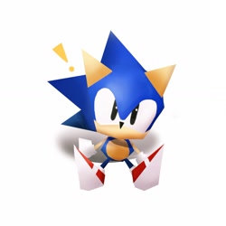 Size: 1340x1341 | Tagged: safe, artist:waaii132299, sonic the hedgehog, 2025, classic sonic, exclamation mark, looking at viewer, simple background, sitting, solo, white background