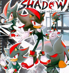 Size: 1916x2048 | Tagged: safe, artist:waaii132299, shadow the hedgehog, 2025, character name, chinese text, english text, eyes closed, looking at viewer, shadow's logo, solo, standing