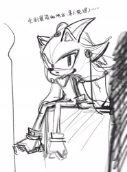 Size: 1514x2048 | Tagged: safe, artist:waaii132299, shadow the hedgehog, 2025, chinese text, greyscale, monochrome, simple background, sitting, sketch, solo, white background