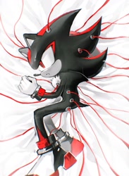 Size: 1141x1560 | Tagged: safe, artist:waaii132299, shadow the hedgehog, 2025, lying down, lying on side, monochrome, solo