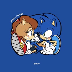 Size: 1287x1287 | Tagged: safe, artist:miijiu, sally acorn, sonic the hedgehog, chipmunk, hedgehog, blue background, blushing, duo, female, looking at each other, male, sally x sonic, sally's ringblader outfit, shipping, simple background, straight