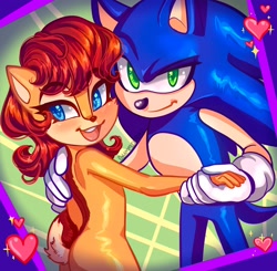 Size: 2048x2004 | Tagged: safe, artist:gummierat, sally acorn, sonic the hedgehog, chipmunk, hedgehog, 2026, abstract background, duo, female, heart, holding hands, looking at viewer, male, sally x sonic, shipping, sparkles, straight