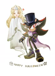Size: 1371x1894 | Tagged: safe, artist:waaii132299, maria robotnik, shadow the hedgehog, human, 2024, alternate outfit, blushing, cane, cape, duo, english text, eyes closed, ghost, ghost costume, hat, holding something, mouth open, simple background, smile, standing, top hat, vampire, white background