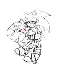 Size: 1608x2000 | Tagged: safe, artist:waaii132299, shadow the hedgehog, sonic the hedgehog, 2024, duo, eyes closed, gay, greyscale, hugging, monochrome, mouth open, shadow x sonic, shipping, simple background, smile, spot color, standing, white background