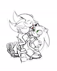 Size: 1658x2048 | Tagged: safe, artist:waaii132299, shadow the hedgehog, sonic the hedgehog, 2024, blushing, duo, gay, greyscale, holding hands, looking at each other, looking at them, monochrome, mouth open, shadow x sonic, shipping, simple background, standing, white background